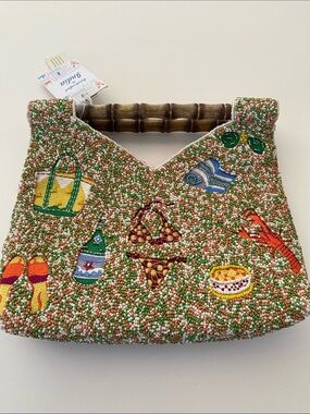 Beaded Summer Bamboo-Handle Tote - Green Multi